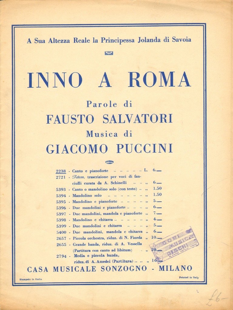 Hymn to Rome: Salvatori and Puccini's 1919 Patriotic Anthem