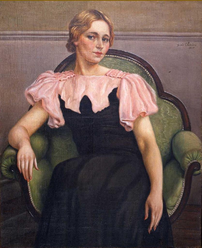 Isa in Pink and Black Dress by Giorgio de Chirico