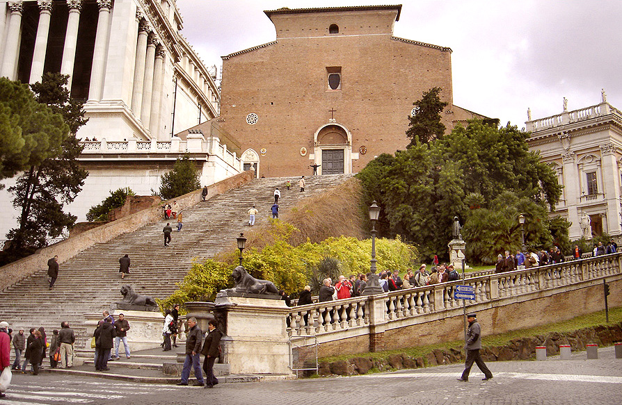 The Cordonata staircase rising to the unfinished brick façade of the Basilica of Santa Maria in Ara Coeli on the Capitoline Hill in Rome
