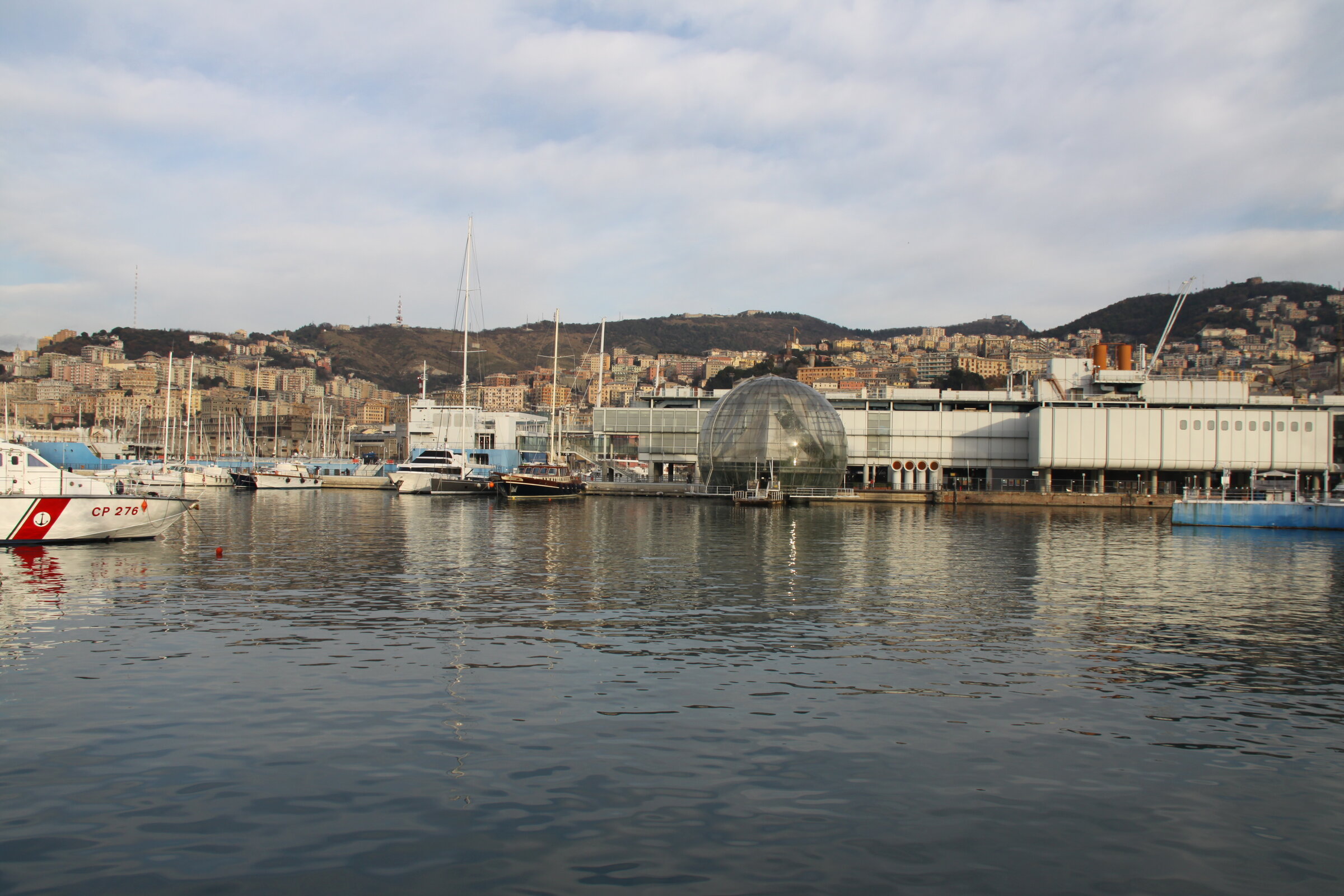 The Aquarium of Genoa and the glass Biosfera dome along the Porto Antico waterfront