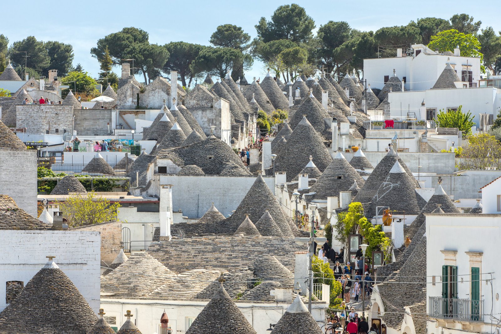 Trulli of Alberobello, Puglia — view of the conical limestone roofs in Rione Monti
