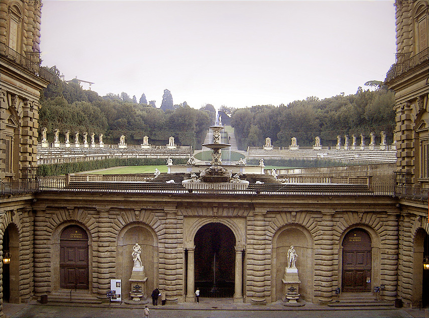 The amphitheatre of the Boboli Gardens seen from Palazzo Pitti, with the central Egyptian obelisk and the basin set against the hillside