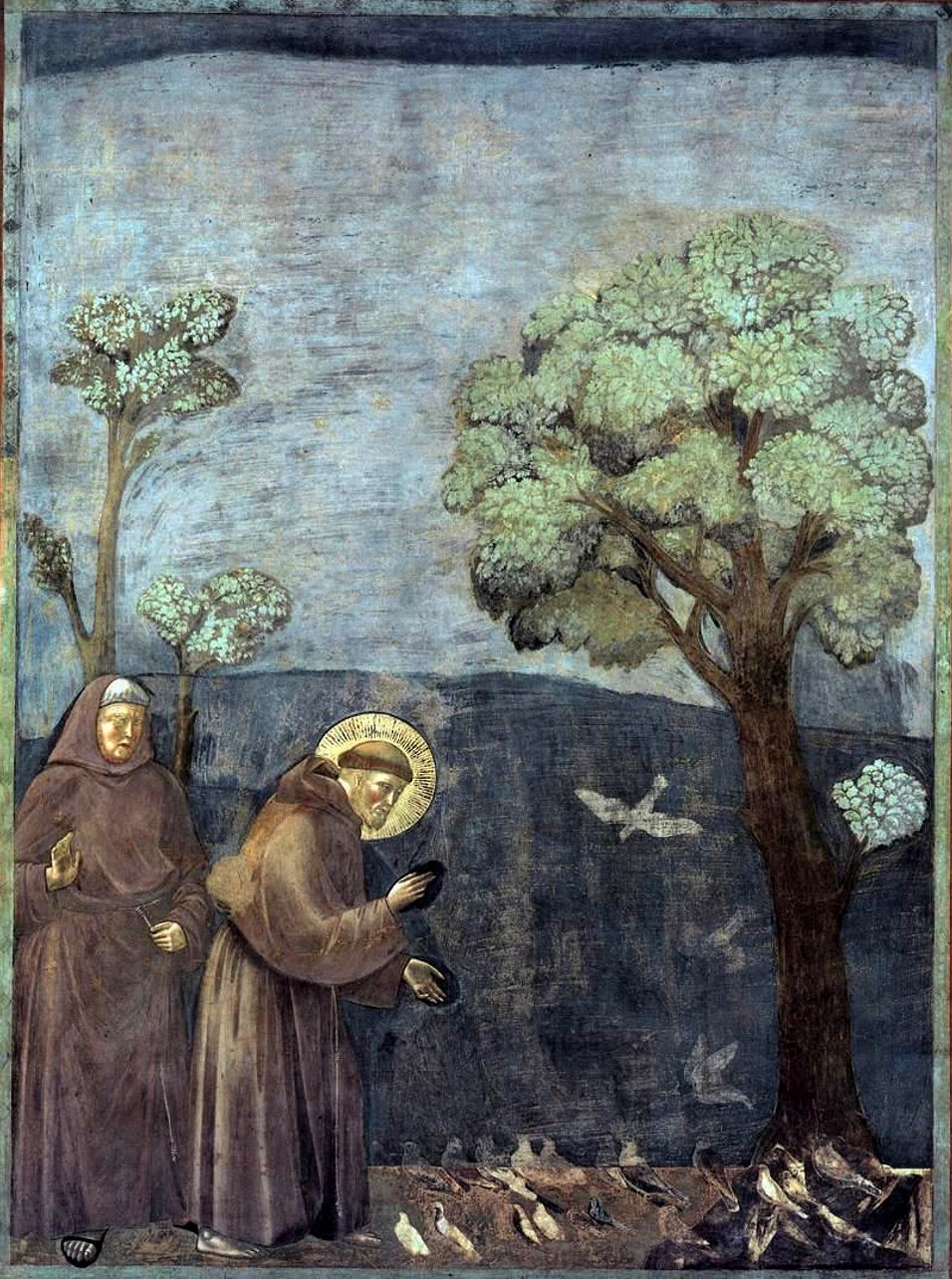 Fresco of Saint Francis preaching to a flock of birds, scene 15 of the Legend of Saint Francis cycle