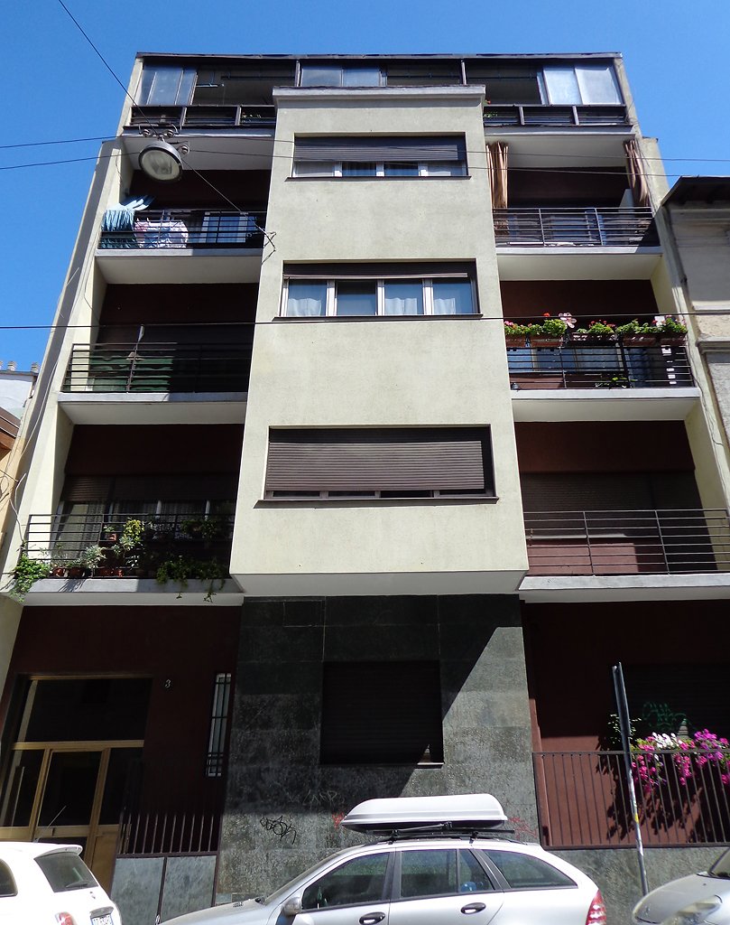 Front facade of Casa Toninello apartment building on Via Perasto in the Isola neighbourhood of Milan