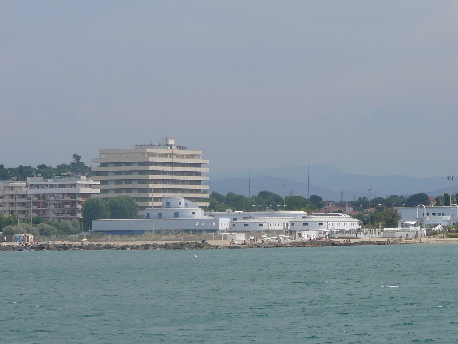 The five ship-like pavilions of the former Colonia XXVIII Ottobre seen from the beach, today the Acquario di Cattolica.