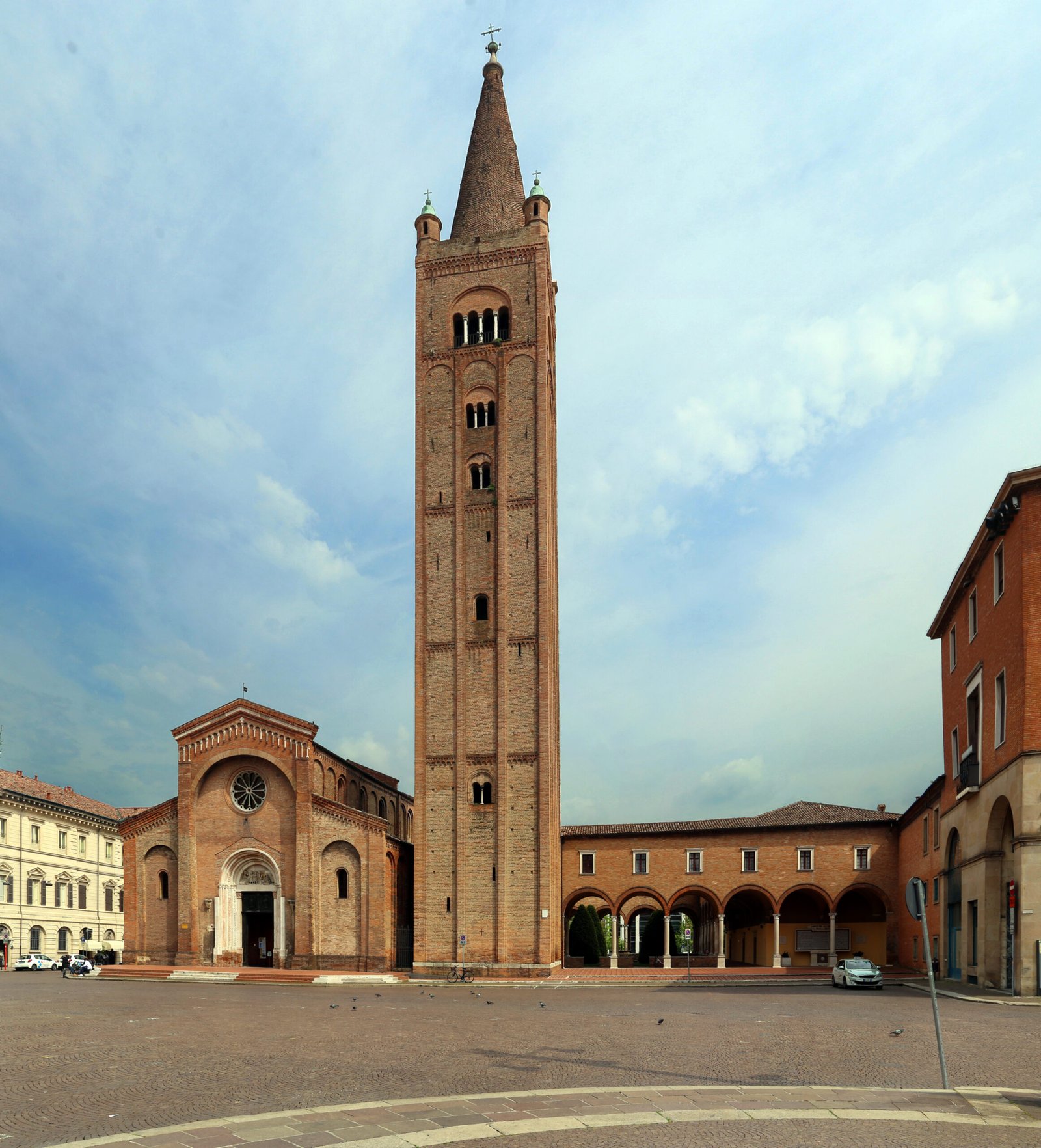 The brick Romanesque bell tower of the Abbey of San Mercuriale rising over Forlì, Emilia-Romagna