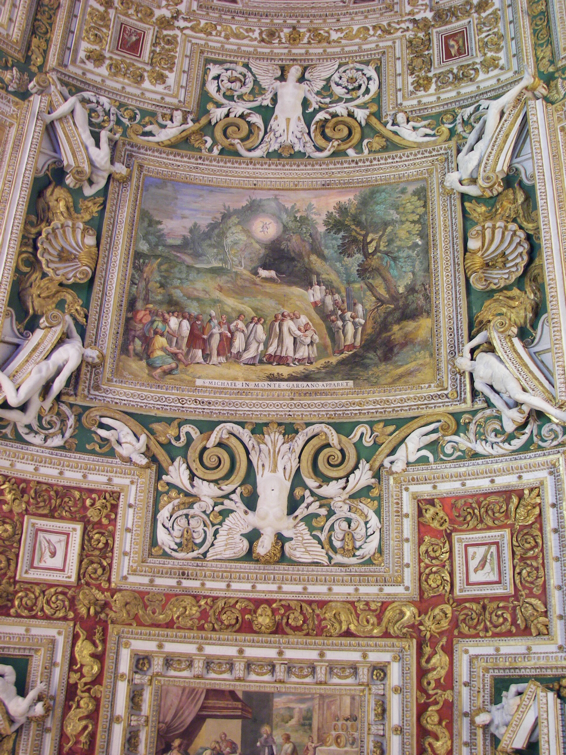 Detail of the painted and stuccoed vaulted ceiling of the Gallery of Geographical Maps