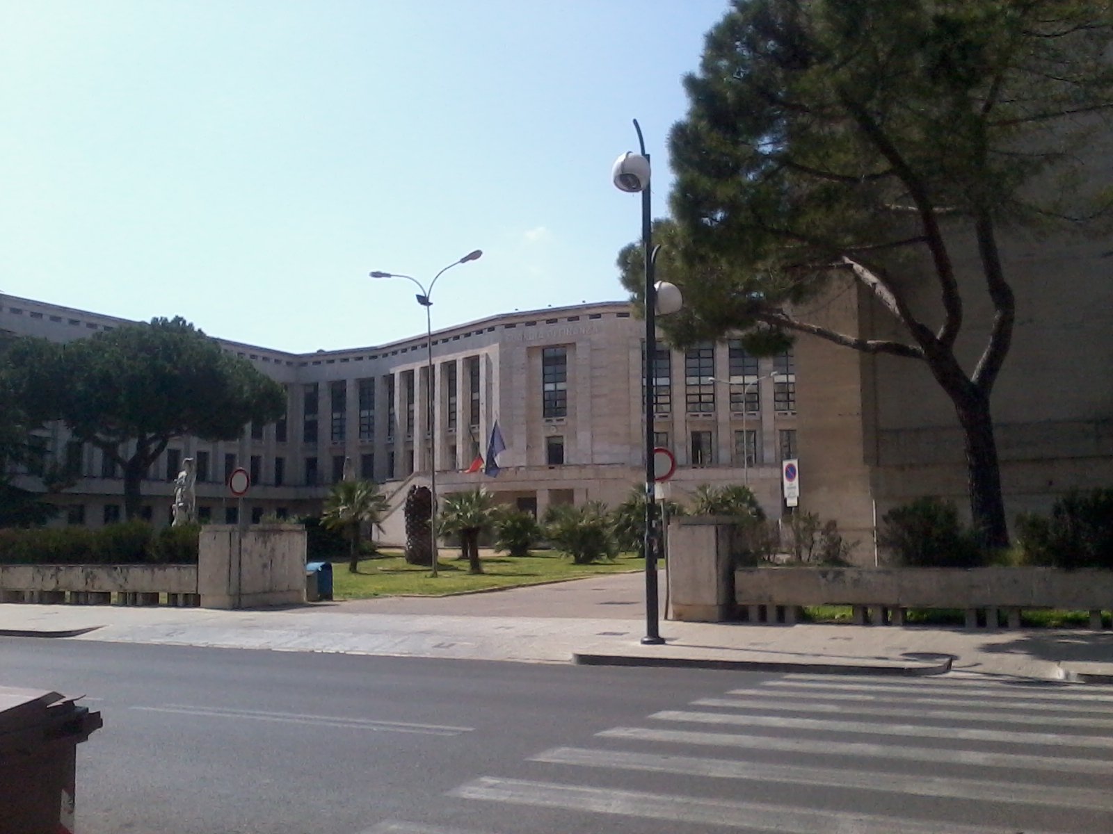 Aerial view of Palazzo M in Latina, the M-shaped rationalist former Casa del Fascio designed by Oriolo Frezzotti