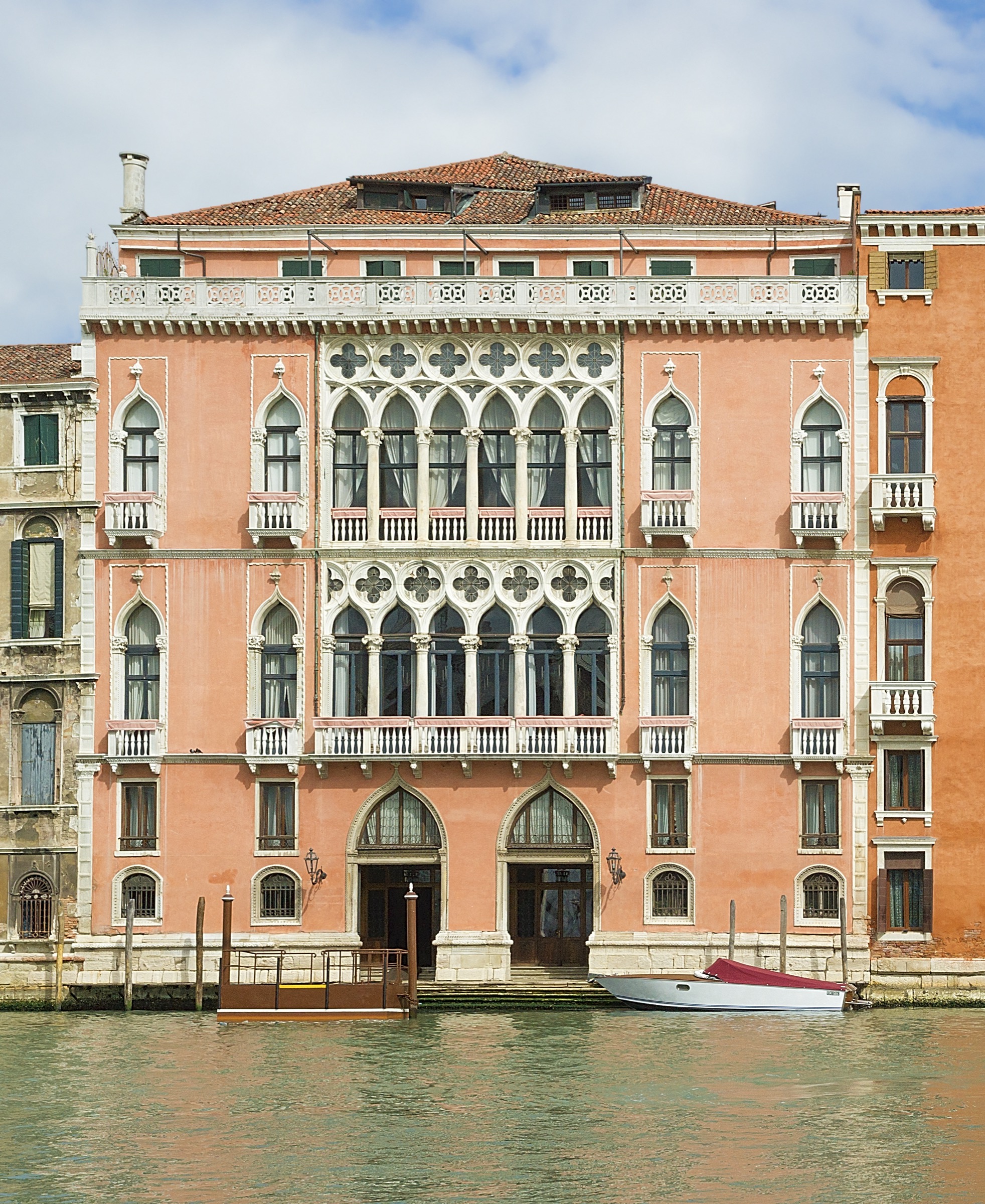 Detailed view of the Gothic façade of Palazzo Pisani Moretta from the Grand Canal