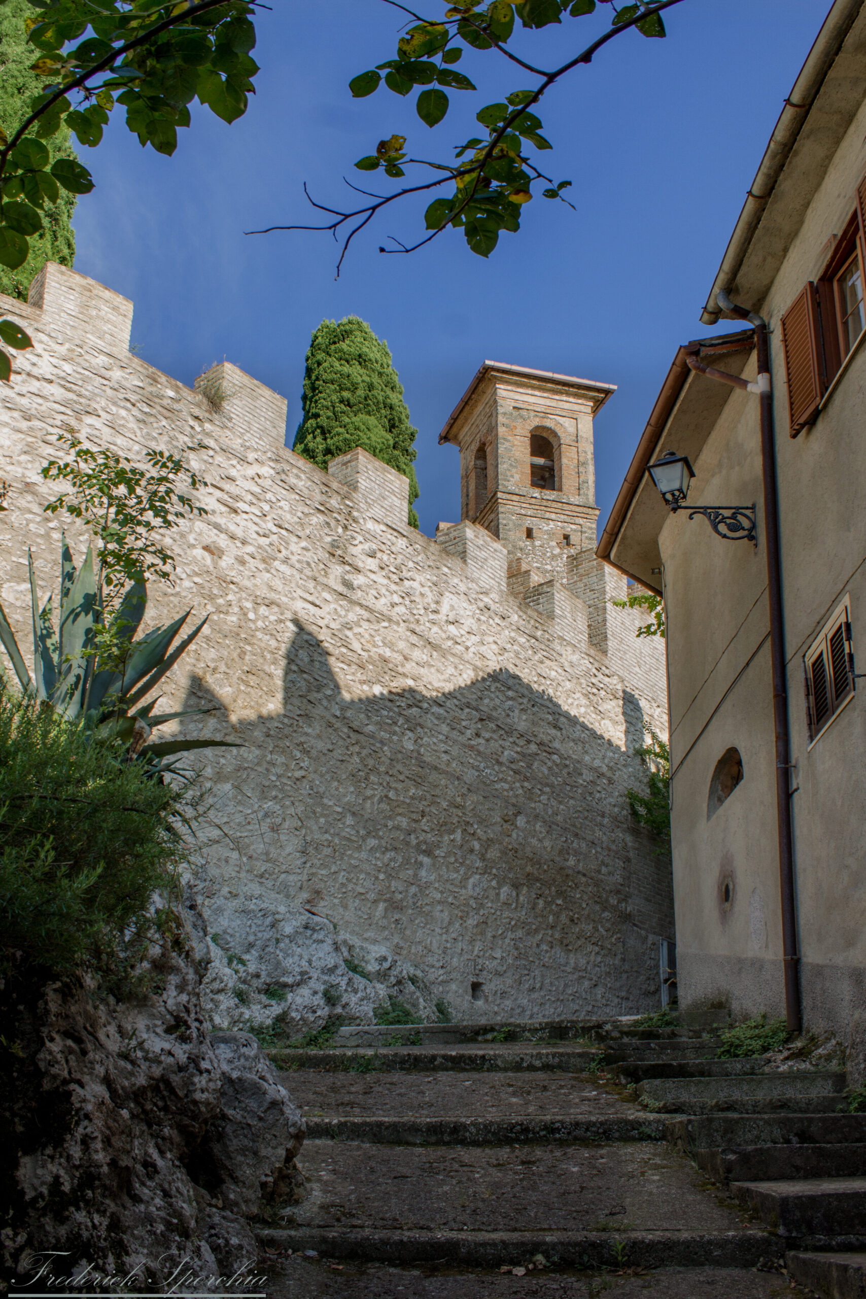 Stepped lane in the historic borgo climbing toward the entrance of the Cesarini castle