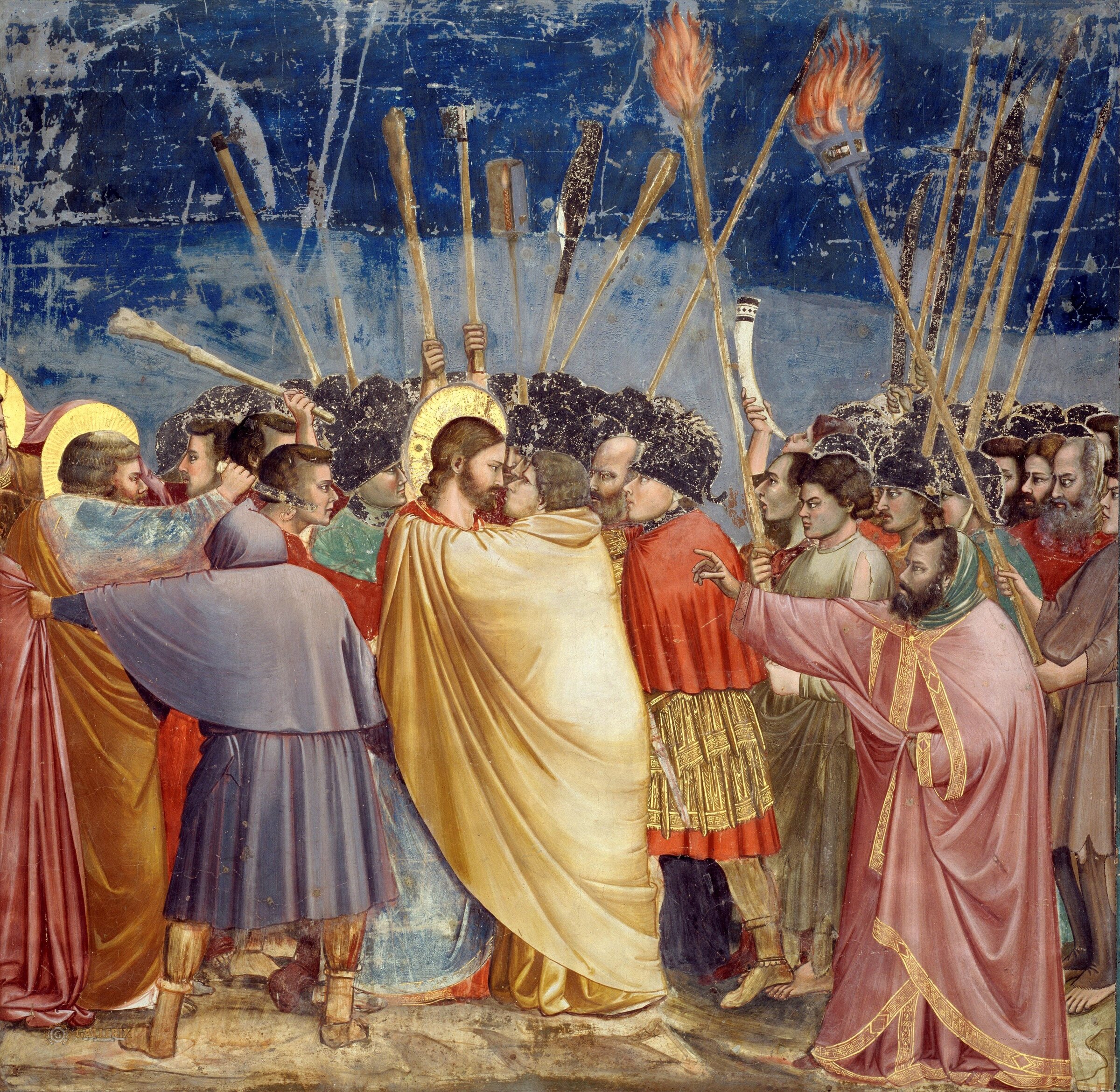 The Kiss of Judas by Giotto in the Scrovegni Chapel: Judas embraces Christ amid soldiers and torches, while on the left Peter cuts off the ear of Malchus