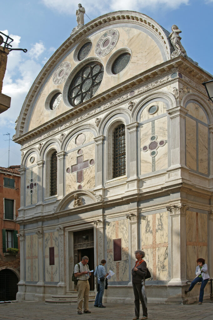 Facade of Santa Maria dei Miracoli, Venice — polychrome marble cladding and semicircular pediment