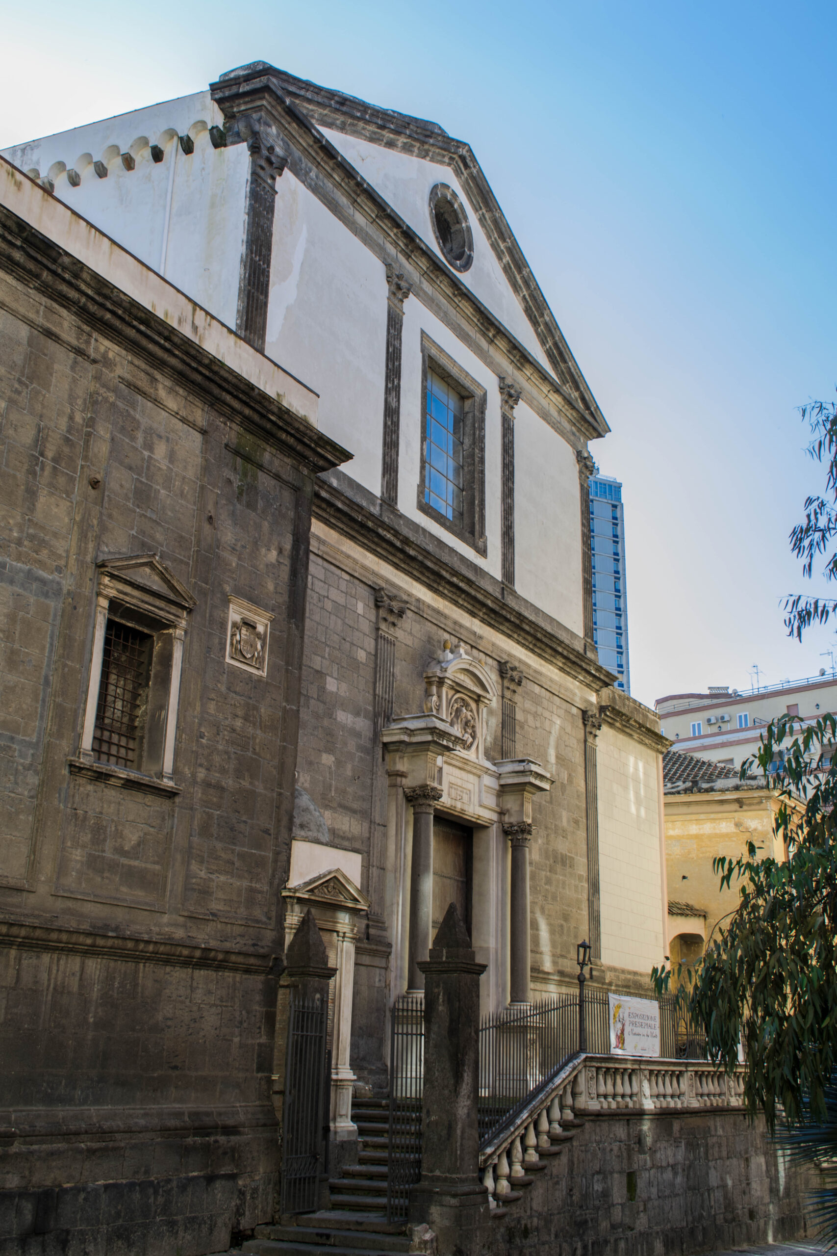 Facade of the basilica of Santa Maria la Nova facing the square in central Naples