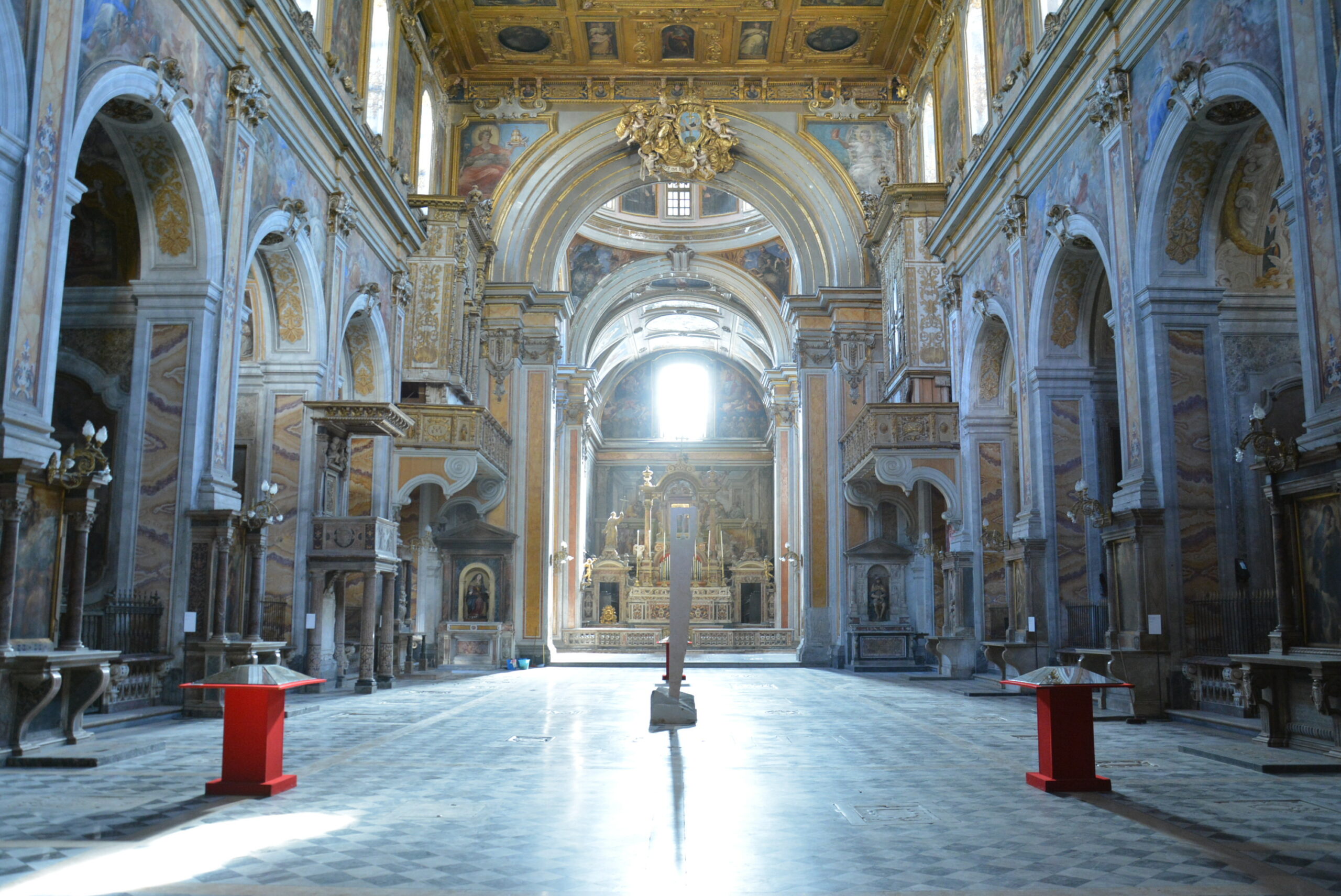 Nave of Santa Maria la Nova in Naples seen from the entrance toward the apse