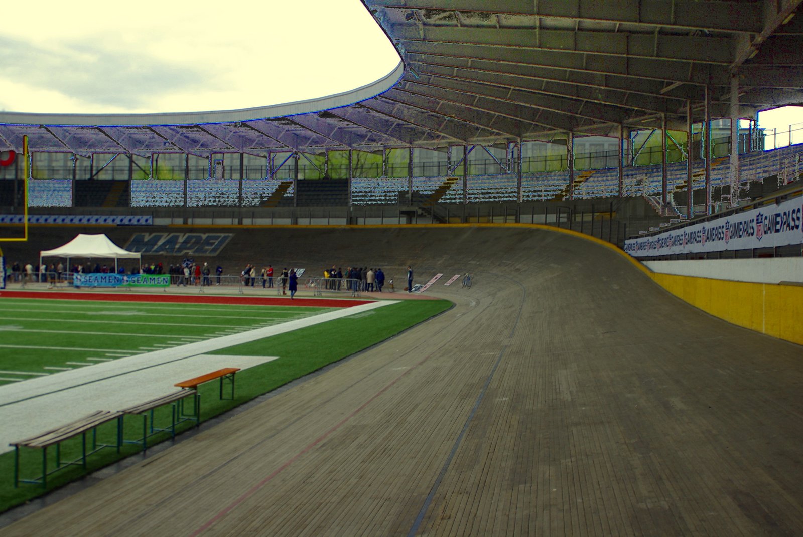 Interior of the Velodromo Vigorelli in Milan with its banked wooden cycling track