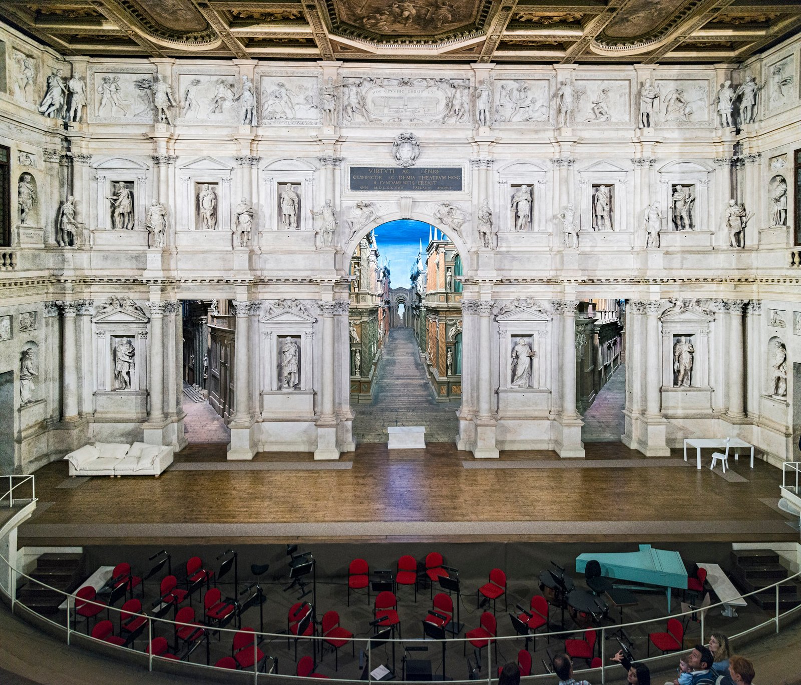 The forced-perspective wooden stage scenery of the Teatro Olimpico in Vicenza, Veneto