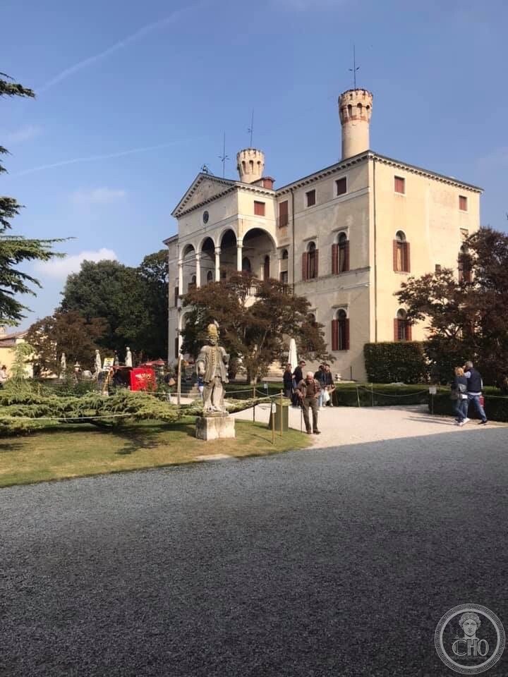 The loggiaed facade of the villa inside Roncade Castle, with a corner tower behind
