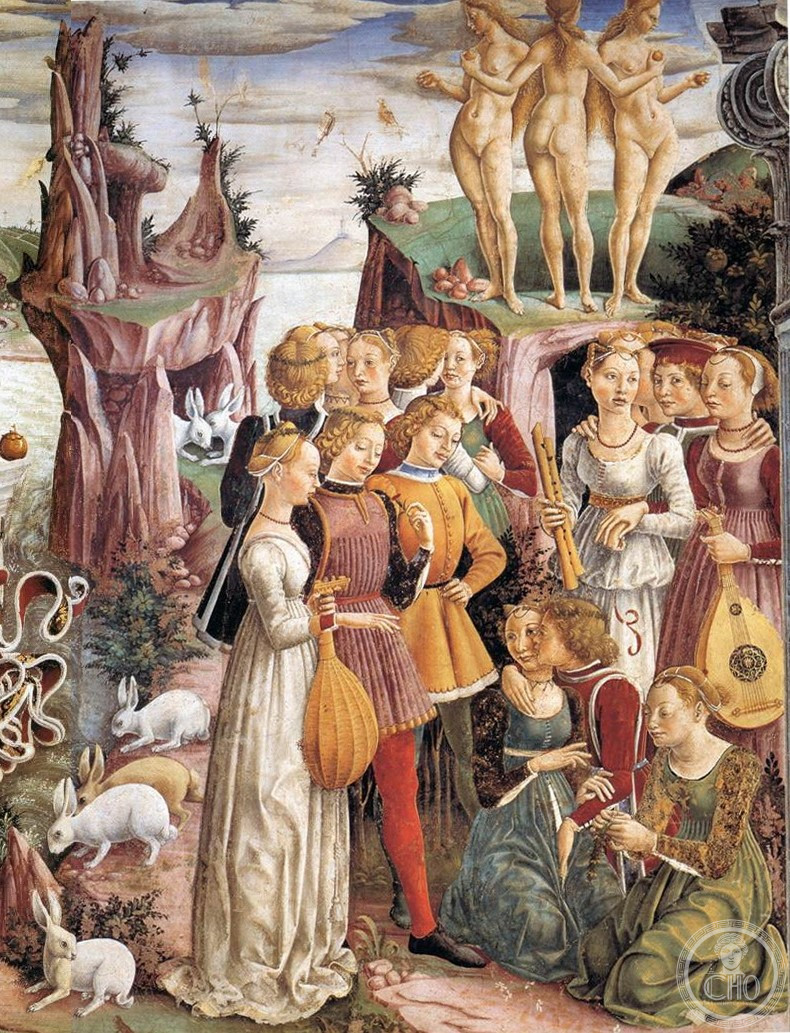 Title: Allegory of April
Artists: Francesco del Cossa,  Ercole de’ Roberti [1] and Gherardo di Andrea Fiorini.[2]

A wall painting from the Hall of the Months in the Schifanoia Palace, Ferrara.
Date: around 1469[2]

This is an extracted image. The original file can be found here: https://commons.wikimedia.org/wiki/File:Schifanoia Triumph Venus.jpg
