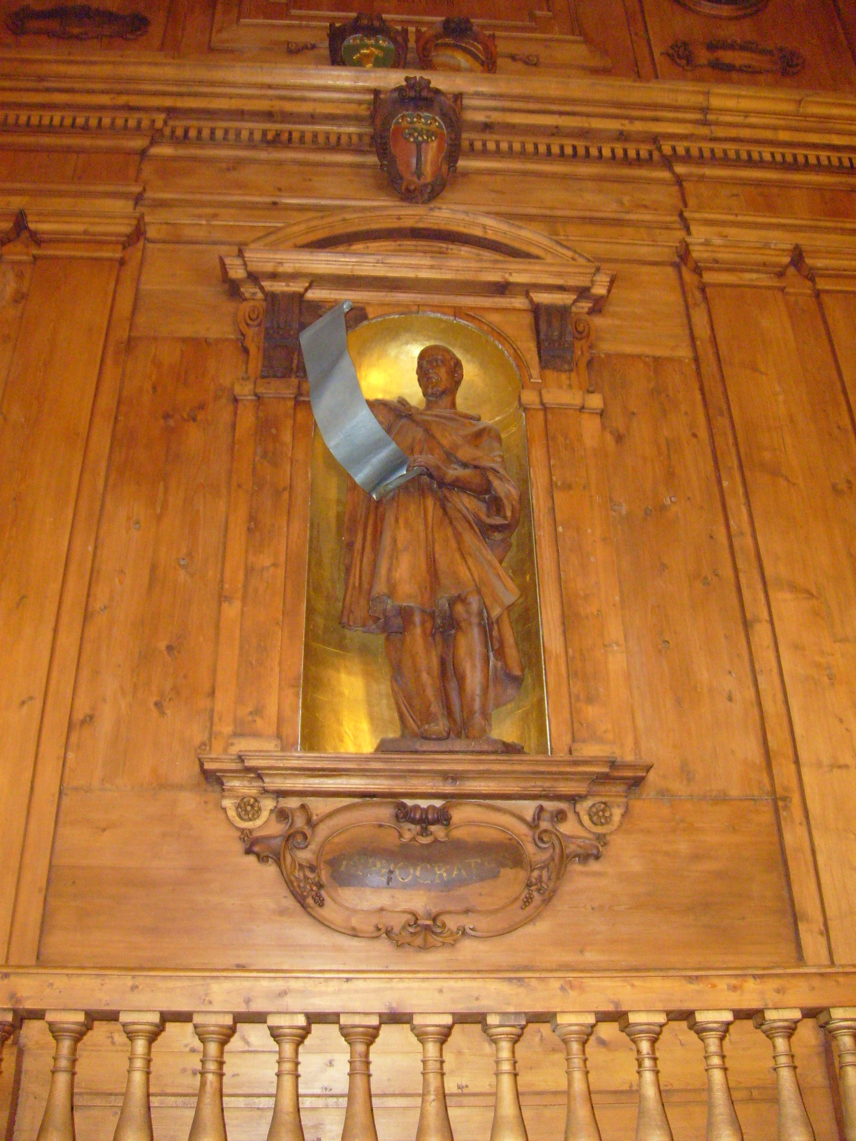 Anatomical theatre (the statue of Hippocrates), Palazzo dell’Archiginnasio, Bologna, Italy