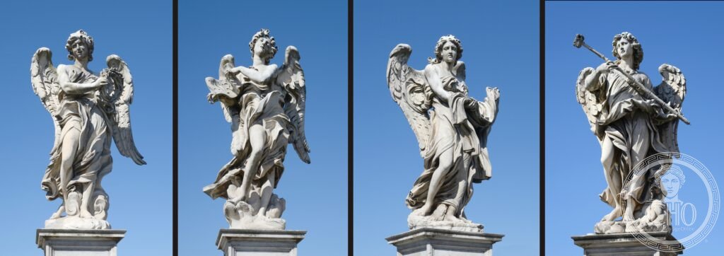 a selection of angel statues of the Sant'Angelo Bridge, Rome. From left to