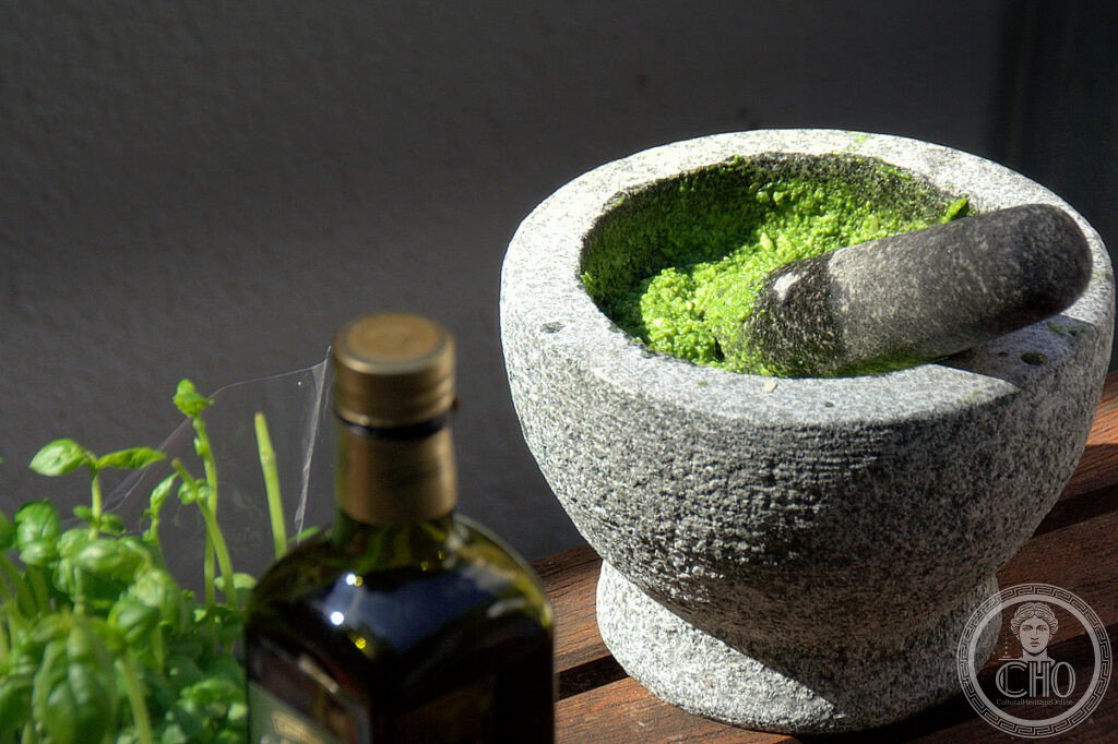 this is a picture of self made pesto in a mortar.