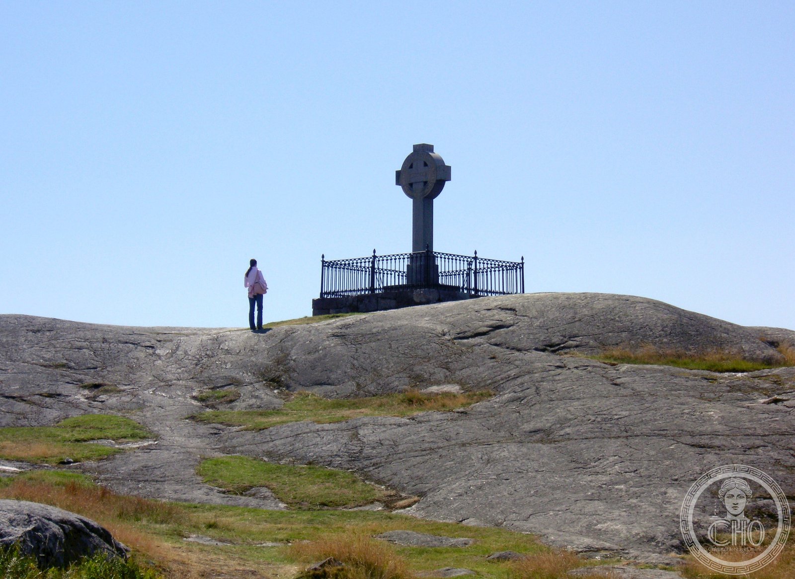 Statue of Saint Ansgar and the Black Earth settlement mound at Birka, the Viking Age trading town on Björkö island in Lake Mälaren, Sweden