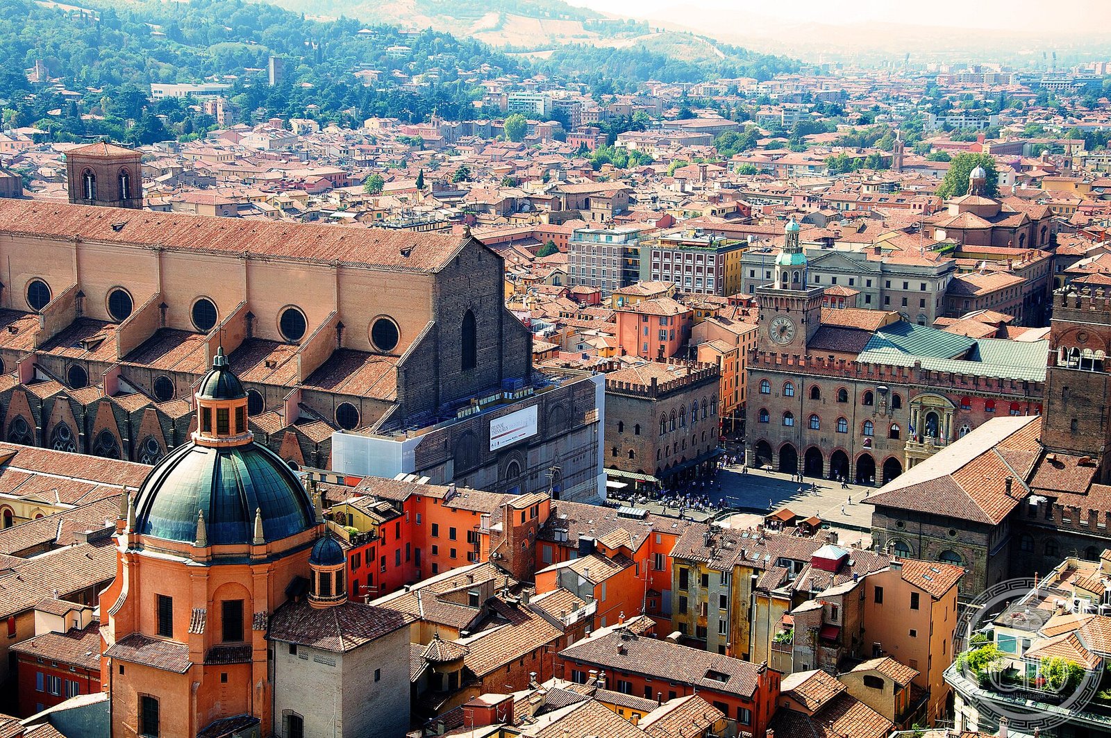 Bologna skyline seen from Torre degli Asinelli, porticoes and red-tile roofscape, Rationalist and medieval cityscape
