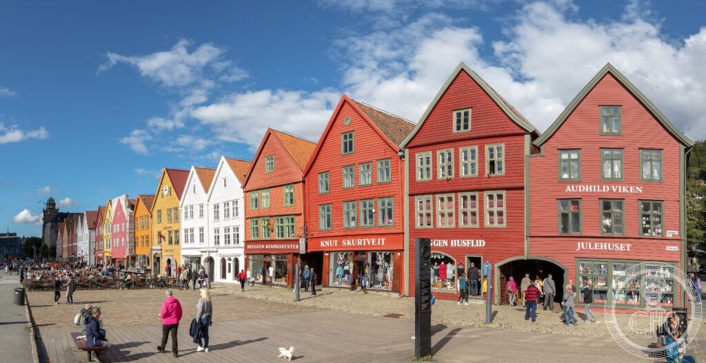 Bryggen Bergen Norway Hanseatic wharf coloured wooden warehouses 14th century UNESCO World Heritage fjord