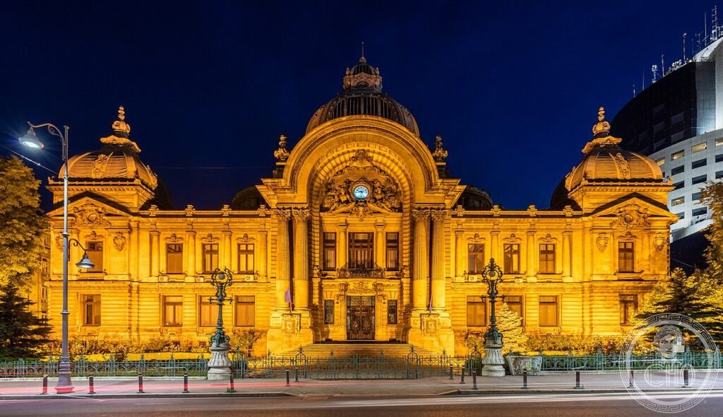 CEC Palace Bucharest, Beaux-Arts facade with iron-and-glass dome on Calea Victoriei, Bucharest old city