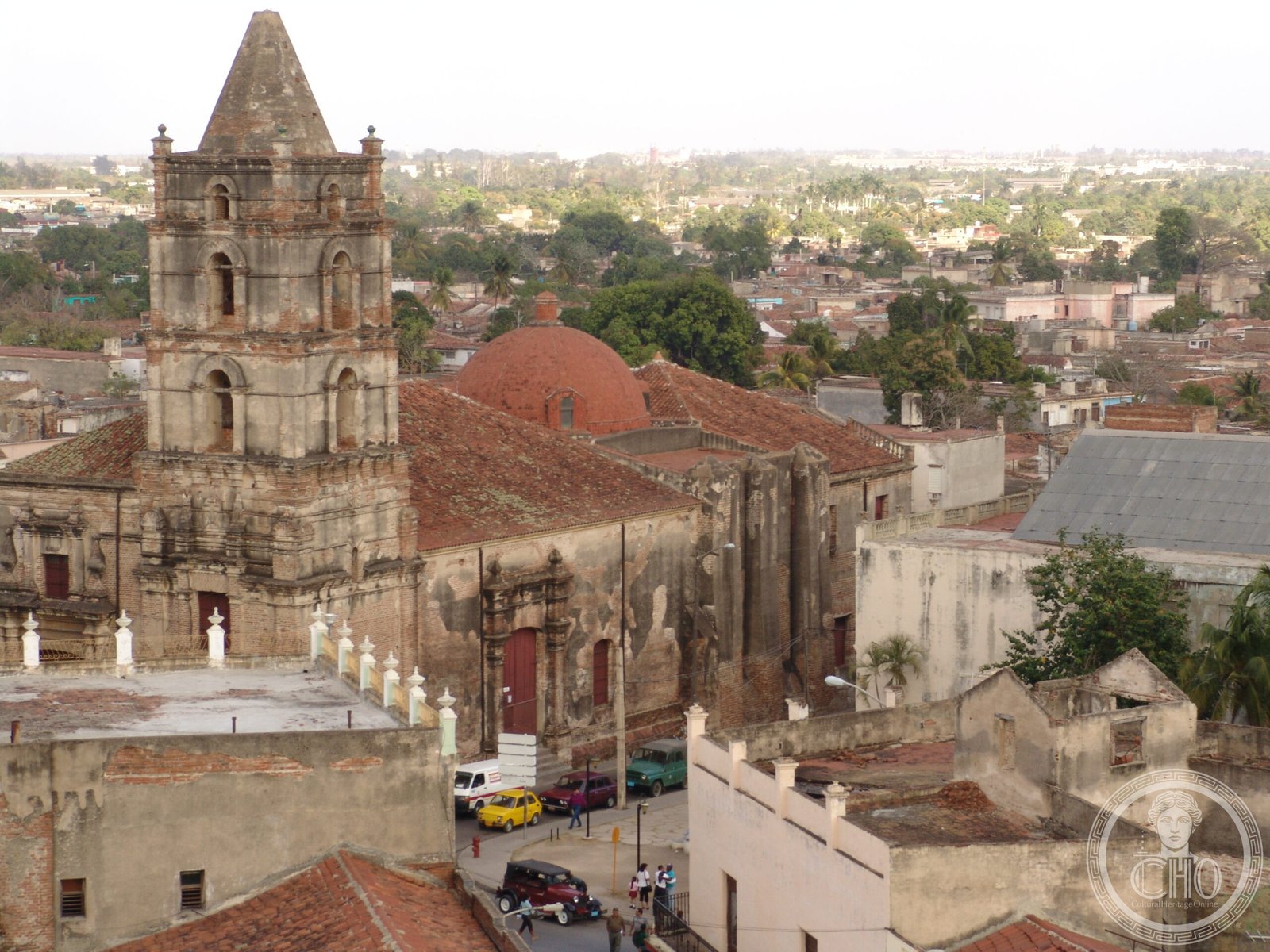 Red-tiled rooftops and church towers of the historic centre of Camagüey, Cuba, seen from above