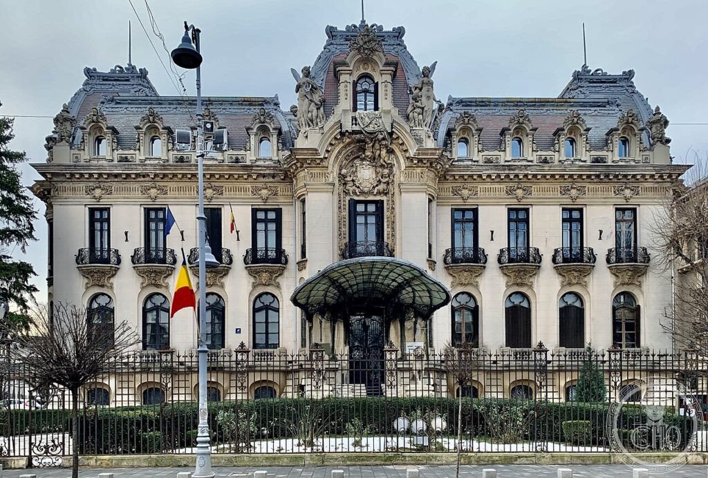 Cantacuzino Palace Bucharest, Beaux-Arts facade on Calea Victoriei with ornate ironwork and stone carving