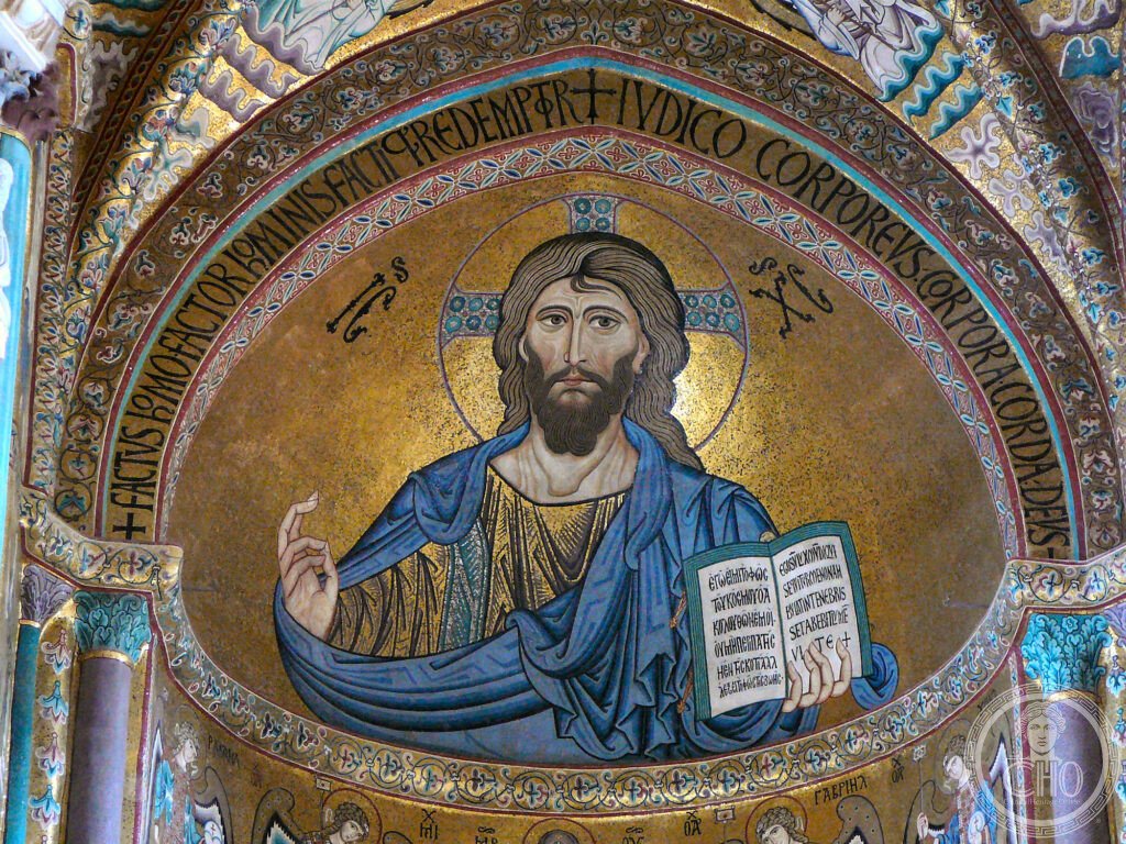 Christ Pantokrator in the apse of the Cathedral of Cefalù, Sicily, Italy. Mosai