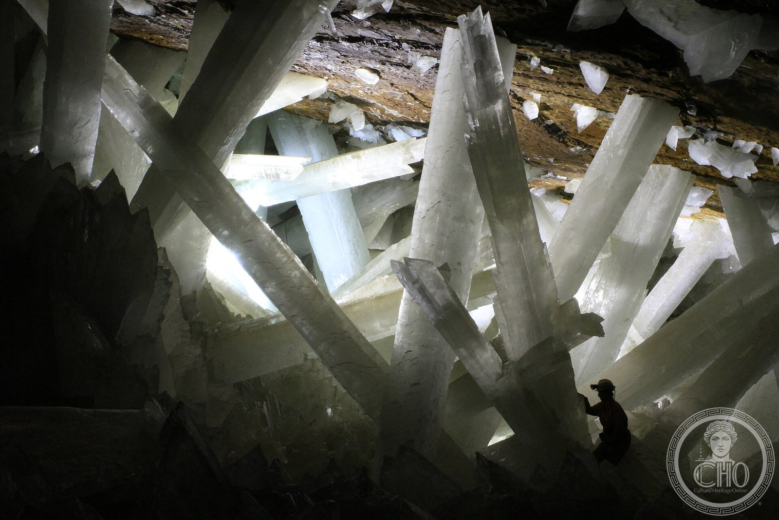 Giant selenite crystal beams in the Cave of the Crystals at Naica Mine Mexico