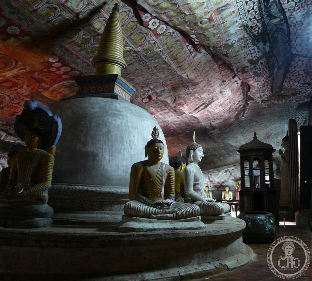 Dambulla cave temple Sri Lanka golden Buddha stupa Sigiri region UNESCO World Heritage Buddhist shrine cave art murals