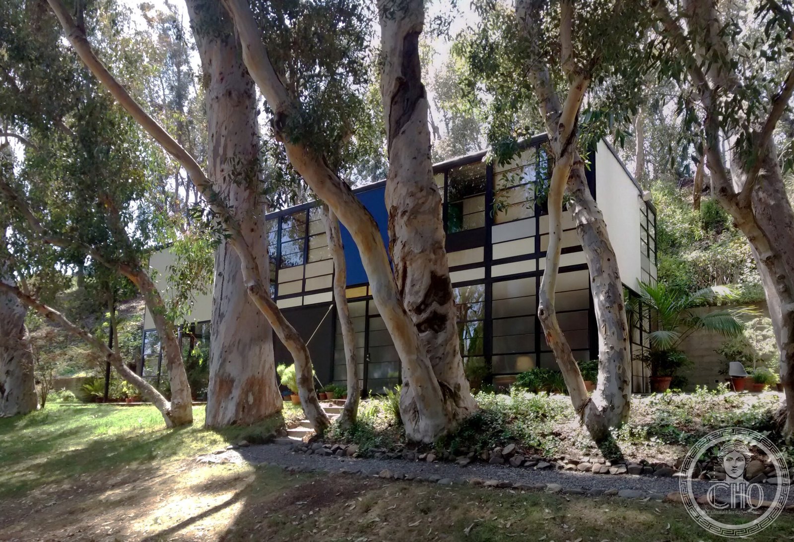 Eames House Case Study House No 8 exterior steel and glass among eucalyptus Pacific Palisades Los Angeles 1949