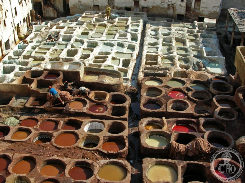 Fes medina Morocco Chouara tanneries leather dyeing vats rooftop view UNESCO medieval Islamic city