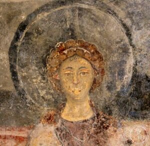 File:San lorenzo in insula, cripta di epifanio, affreschi di scuola benedettina, 824-842 ca., madonna in trono bendicente e sei angeli con scettro e globo 08.jpg