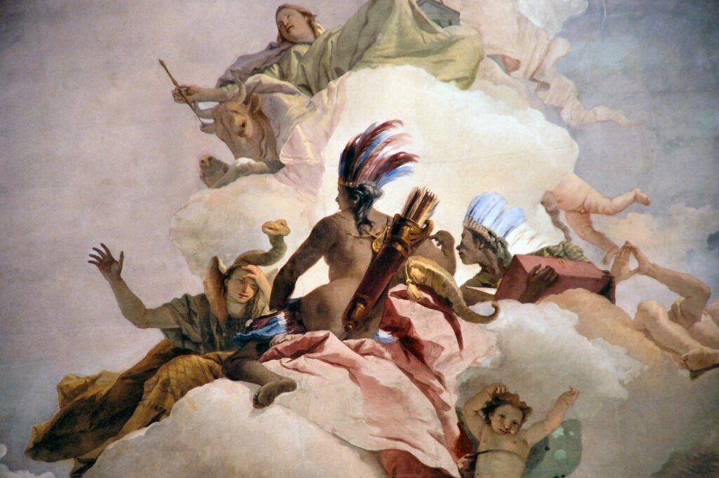 Tiepolo's ceiling in the ballroom of Villa Pisani, Stra: the glory of the Pisani family among clouds and allegorical figures