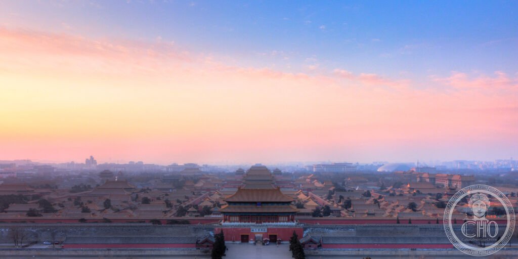 Forbidden City Palace Museum aerial view from Coal Hill Beijing China yellow glazed tile roofs UNESCO