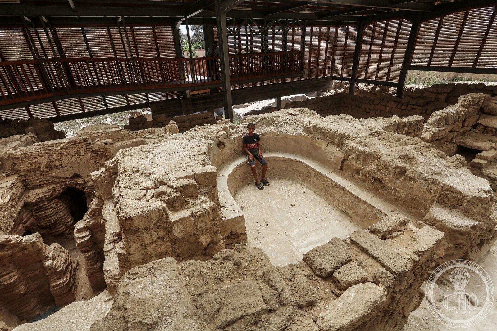 Apsidal bath room with marble floor at the Tell Umm Amer archaeological site in Nuseirat, Gaza — the remains of the monastery of Saint Hilarion, the oldest monastic community in the Middle East, founded c. 329 AD and excavated continuously since 1999