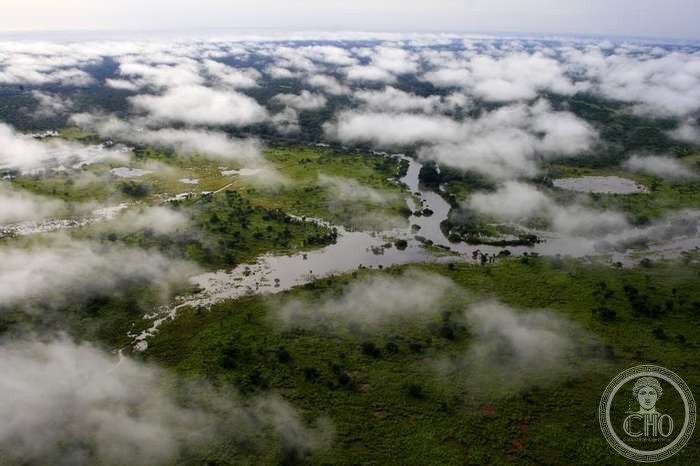 Aerial view of Garamba National Park, Democratic Republic of Congo — vast savanna and gallery forest at the confluence of the Garamba and Dungu rivers, former home of the northern white rhinoceros