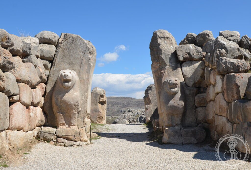 Lion Gate Hattusa Bogazkoy Turkey Hittite capital stone lions flanking ancient gateway UNESCO World Heritage Bronze Age Anatolia
