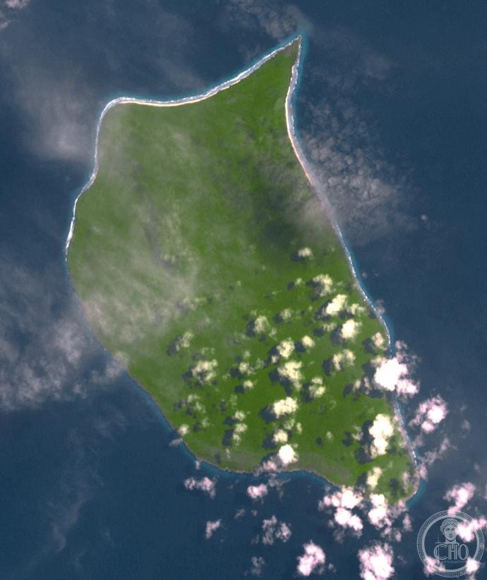 Henderson Island in the South Pacific, seen from the ASTER satellite — an uplifted coral atoll with pristine limestone forest in the Pitcairn Islands group, home to four endemic bird species and exceptional coral reef biodiversity