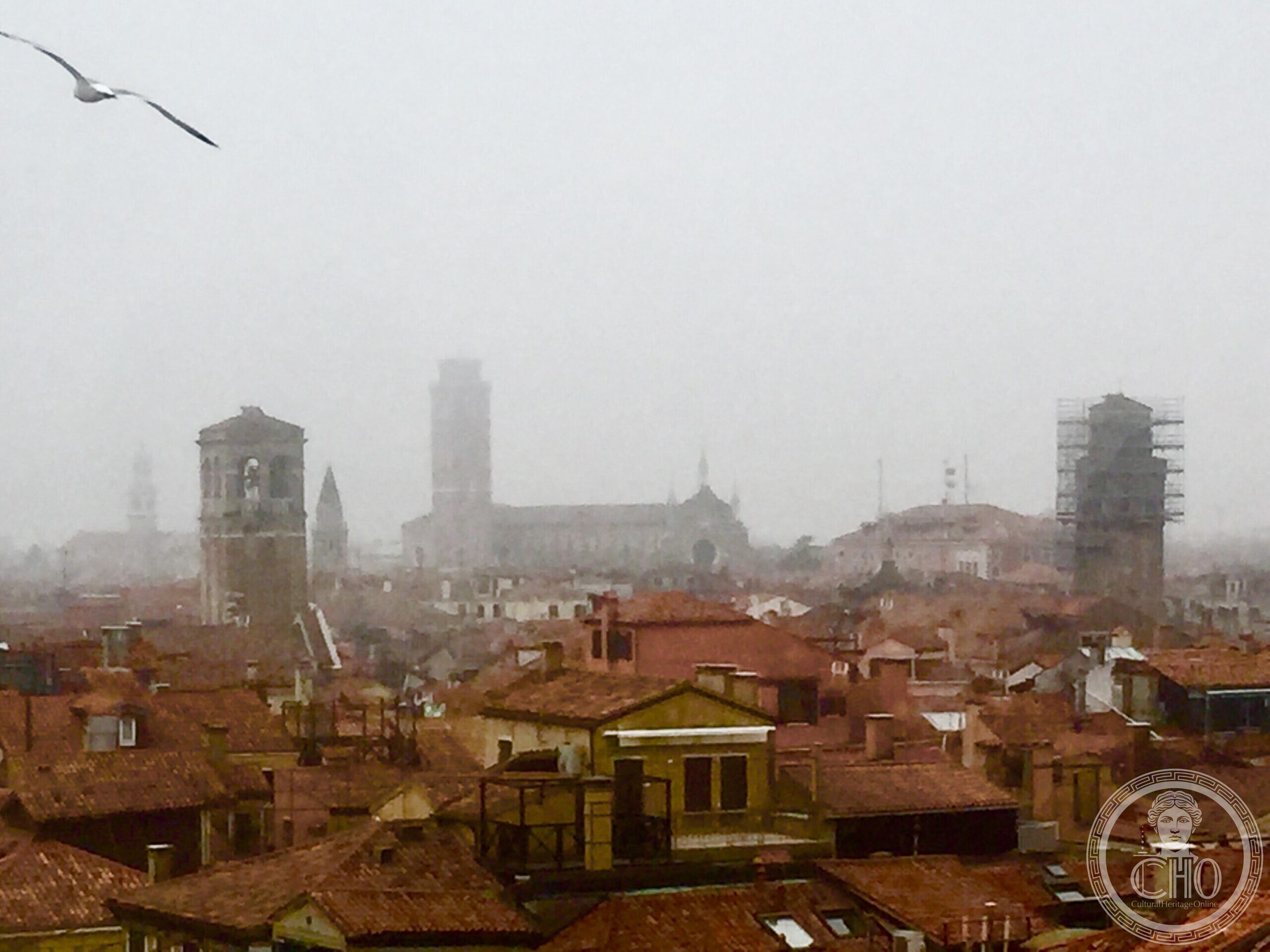 View down onto the Rialto market roofs and the Grand Canal from the Fondaco dei Tedeschi terrace
