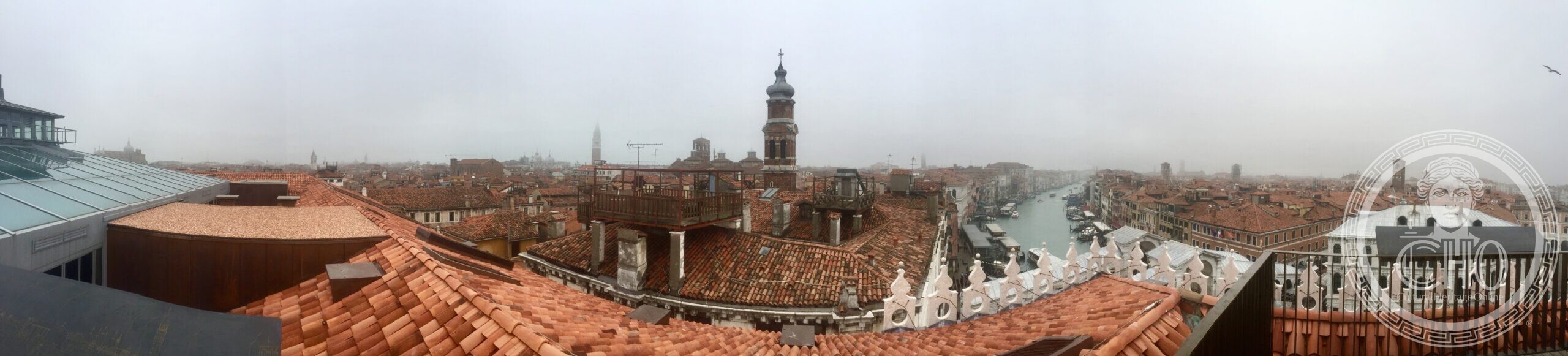 Panoramic view over the rooftops of Venice from the terrace of the Fondaco dei Tedeschi