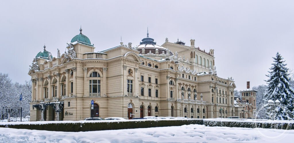 Juliusz Słowacki Theatre Neo-Baroque facade in winter, Kraków old town