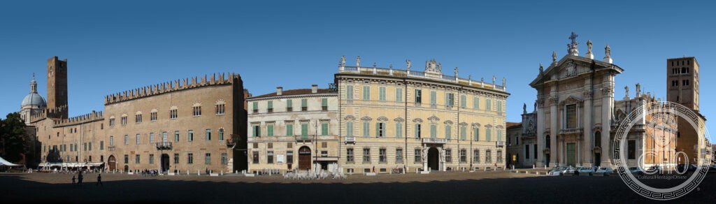 Piazza Sordello, Mantua, Lombardy, Italy. The west side of the Piazza features f