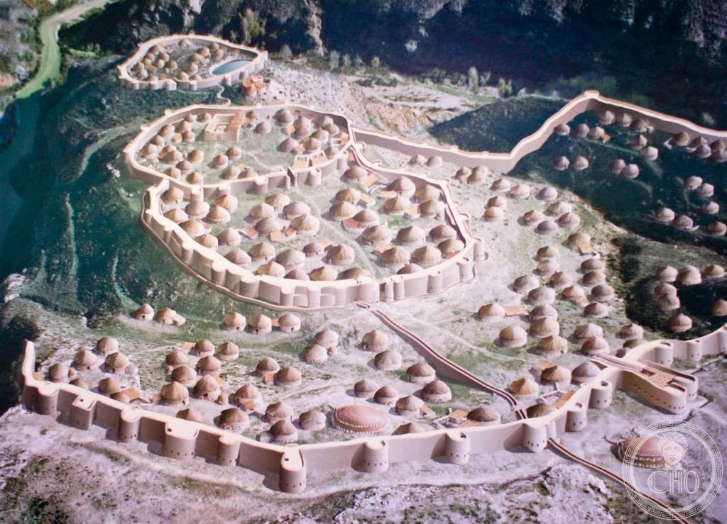 Reconstruction painting of the Los Millares Chalcolithic settlement, Almeria, Spain