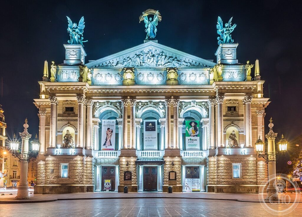 Lviv National Opera House, Neo-Baroque and Art Nouveau facade on Svobody Avenue, illuminated at dusk