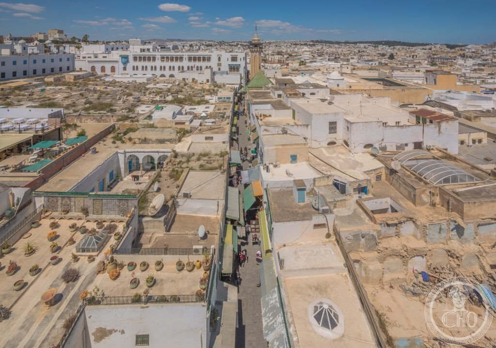 Tunis Tunisia Medina aerial view minaret Zitouna mosque Islamic architecture souks labyrinth UNESCO World Heritage Arab city 7th century Hafsid Aghlabid